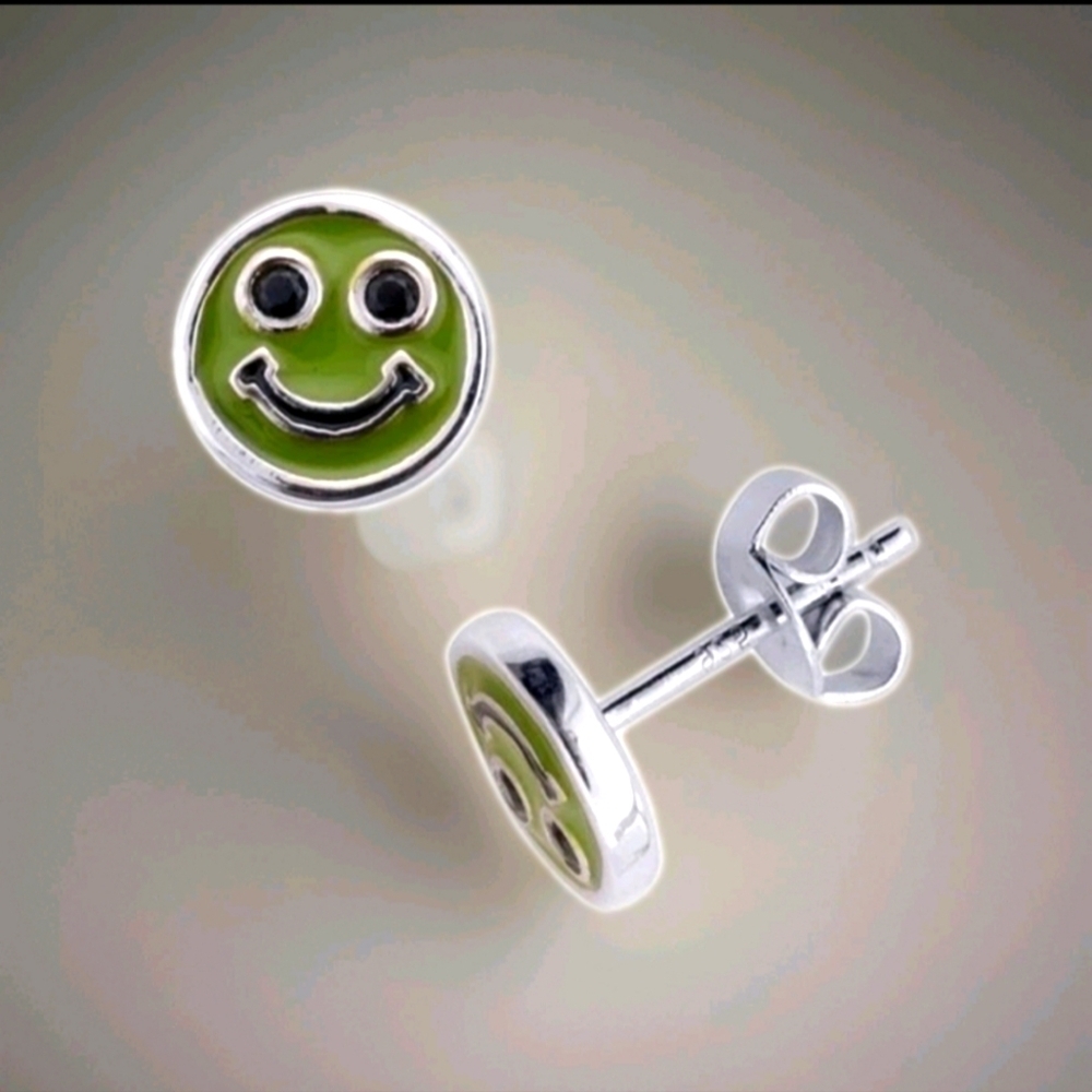 Black Spinel Enamel Smiley Face Stud Earrings